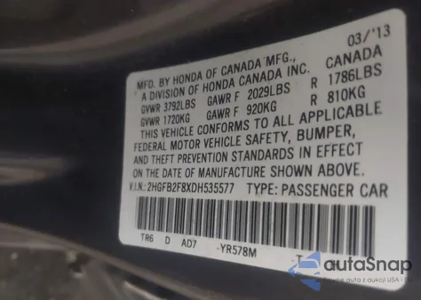 2013 Honda Civic Ex from USA, damaged, VIN 2HGFB2F8XDH535577